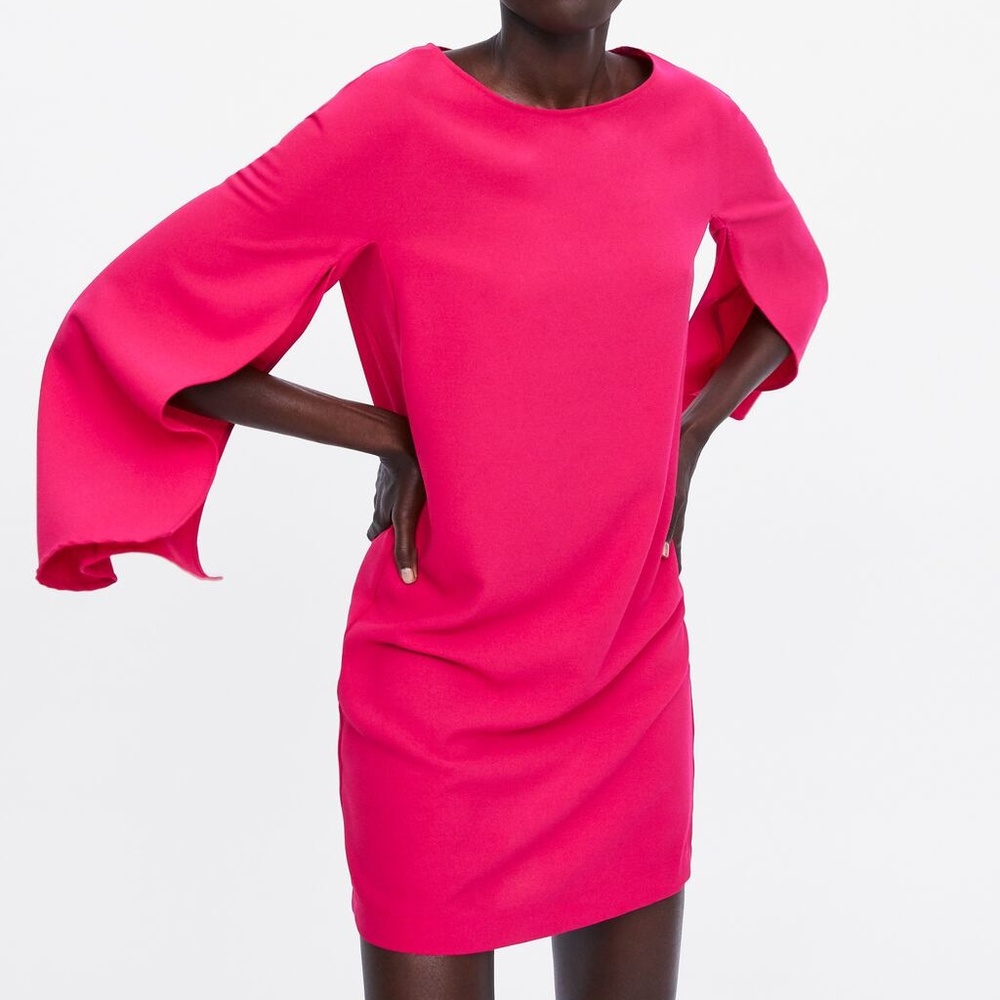 Zara Cape Sleeve Dress Barbie Pink Size XS NWT - Picture 3 of 7